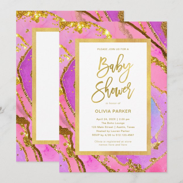 Invitation Jolie Géode rose et or | Baby shower (Devant / Derrière)