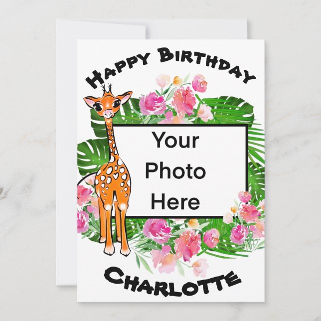 Invitation Jolie girafe Safari d'anniversaire | forêt tropica (Devant)