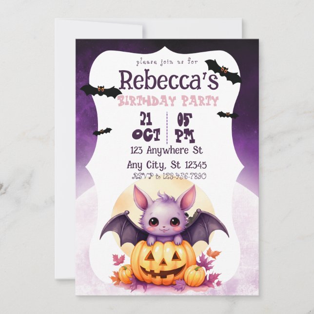 Invitation Jolie Halloween Fille Halloween fête Purple Bat (Devant)