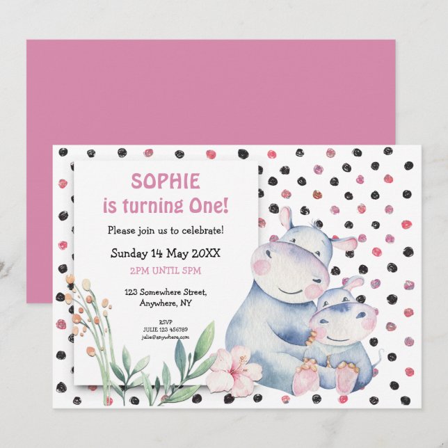 Invitation Jolie Hippopotame Pots Roses Filles Première fête  (Devant / Derrière)