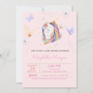 Invitation Jolie licorne fleurs papillons Baby Shower