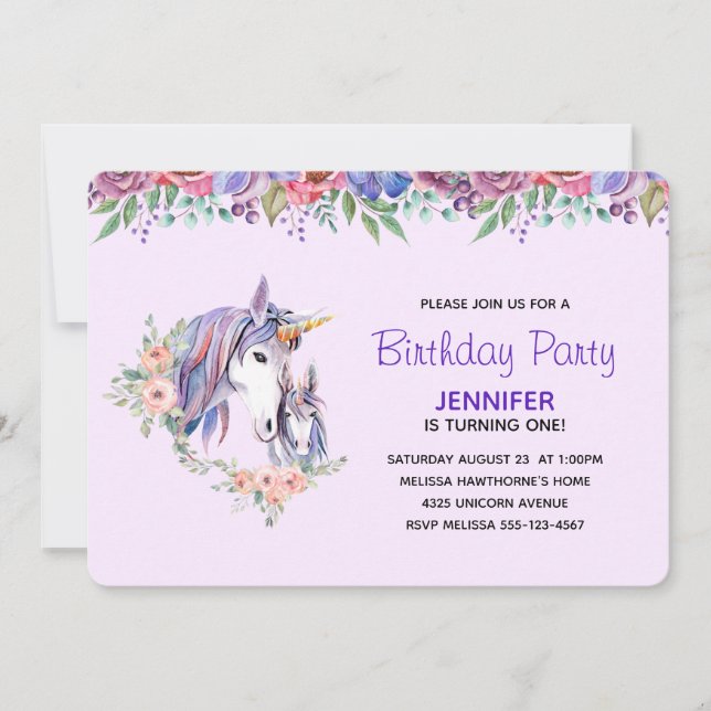 Invitation Jolie licorne Maman & Bébé Aquarelle Anniversaire (Devant)