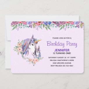 Invitation Jolie licorne maman et bébé aquarelle anniversaire