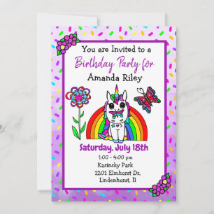 Invitation Jolie licorne violette et l'Anniversaire de la fil