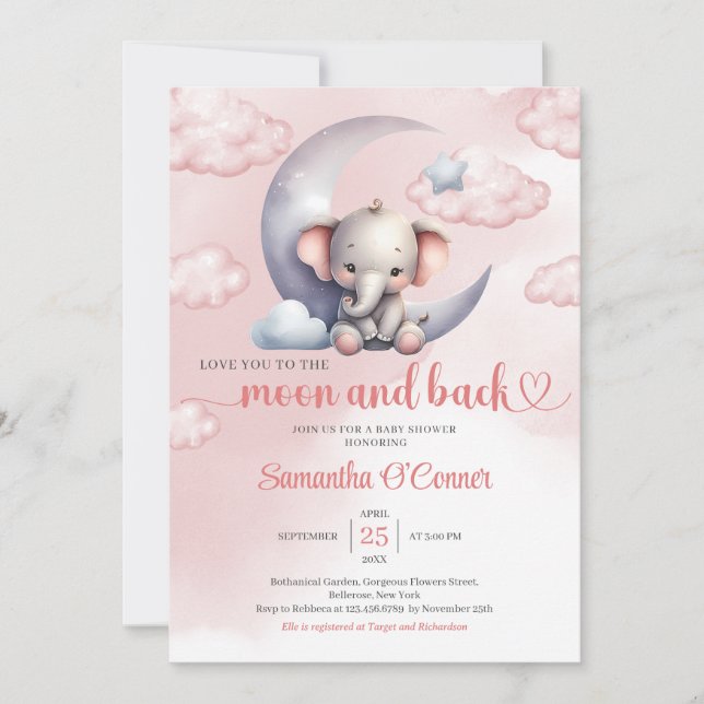 Invitation Jolie lune d'éléphant et Baby shower de fille de d (Devant)