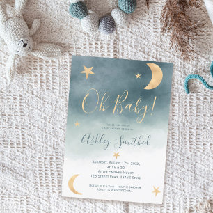 Invitation Jolie lune d'or étoiles bleu baby shower d'aquarel