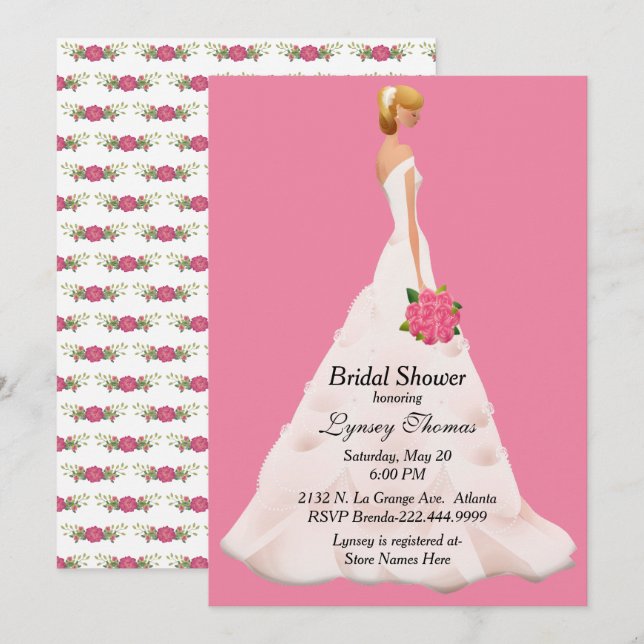 Invitation Jolie mariée Fête des mariées rose (Devant / Derrière)