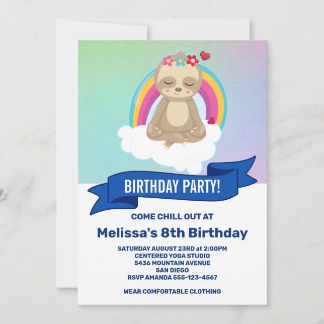 Invitation Jolie Méditation Sloth Yoga fête d'anniversaire (Devant)