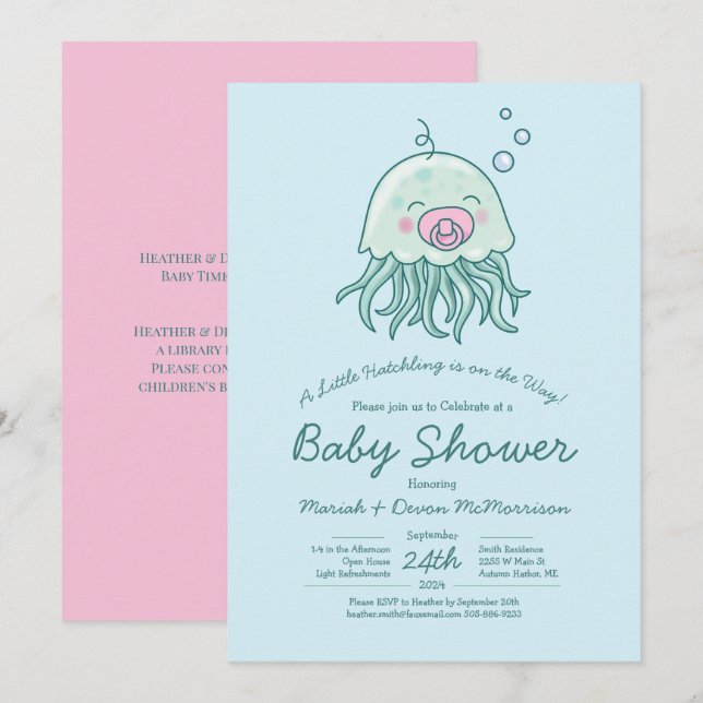 Invitation Jolie méduse Baby shower Kawaii Rose Girl (Devant / Derrière)