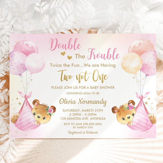 Invitation Jolie Nounours Twin Girls Twin Pink Baby shower Tw (twin girls cute bears balloons double the trouble twice the fun twins baby shower invitation digital)