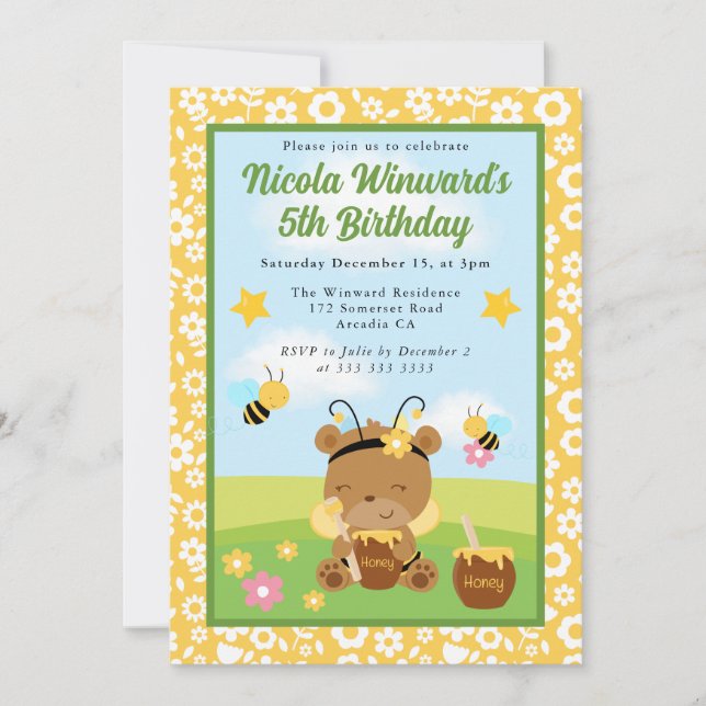 Invitation Jolie Ours de Miel et Anniversaire de enfant d'abe (Devant)