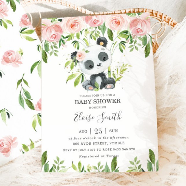 Invitation Jolie Panda rose Floral Verdure Baby shower fille (Créateur téléchargé)