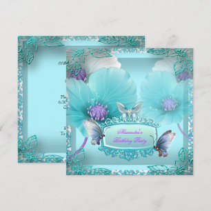 Invitation Jolie Papillon Violet Turquoise dentelle Fête d'an