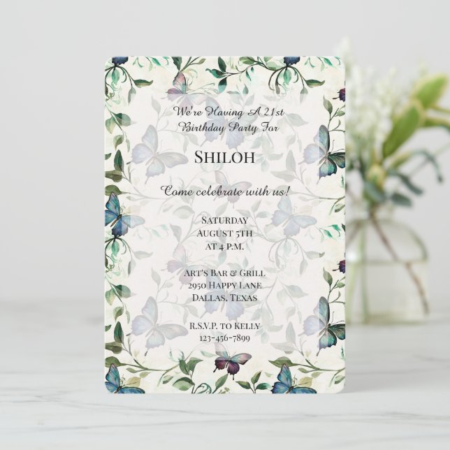 Invitation Jolie Papillons Bleus Anniversaire (Debout devant)