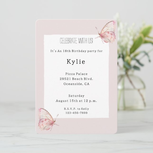 Invitation Jolie Papillons rose Anniversaire (Debout devant)