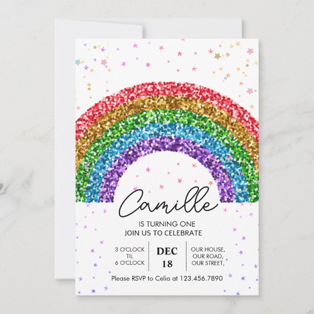 Invitation Jolie Parties scintillant arc-en-ciel étoile scint (Devant)