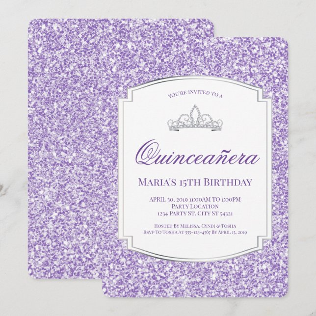 Invitation Jolie Parties scintillant violette Quinceañera Inv (Devant / Derrière)