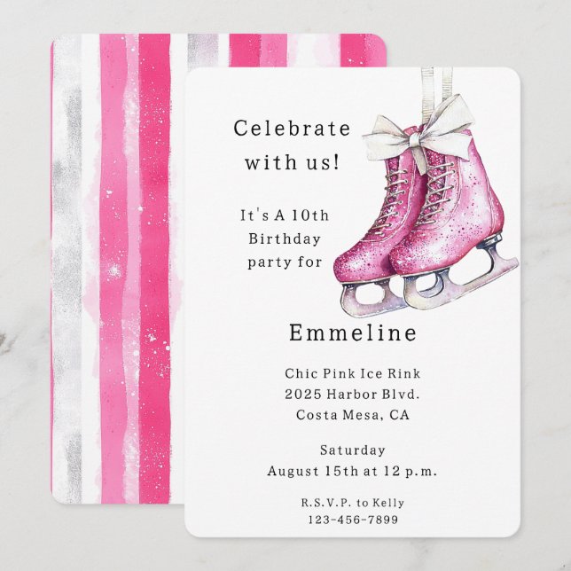 Invitation Jolie Patins de glace rose Anniversaire (Devant / Derrière)