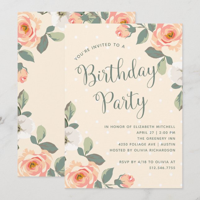 Invitation Jolie Pêche Florale | Fête d'anniversaire (Devant / Derrière)