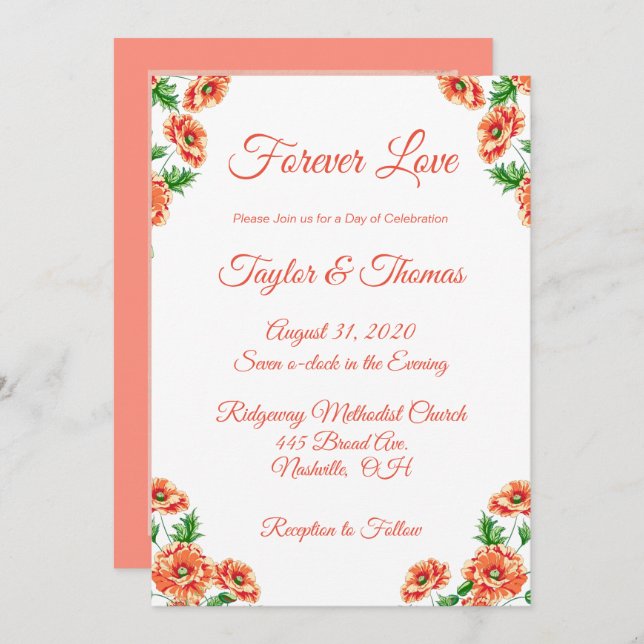 Invitation Jolie Pêche Florale | Mariage de script orange (Devant / Derrière)