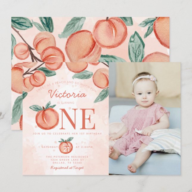 Invitation Jolie pêche sucrée en 1er anniversaire (Devant / Derrière)