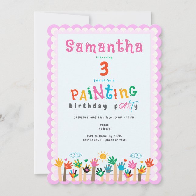 Invitation Jolie peinture de doigt rose Fille Art Anniversair (Devant)