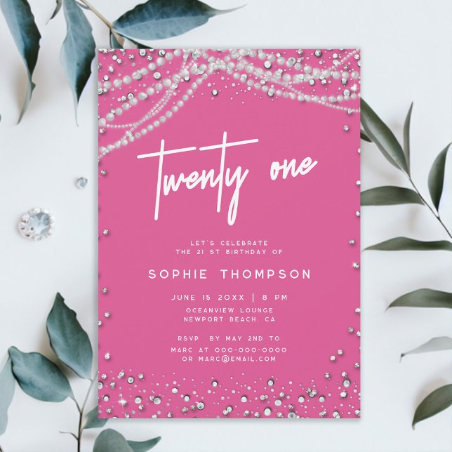 Invitation Jolie perles de diamants roses Elégant 21e anniver (diamonds and pearls 21st birthday invite for girls pretty pink elegant classy modern girly feminine)