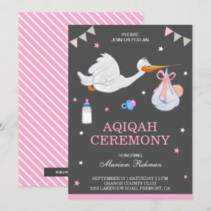 Invitation Jolie petite cigogne rose bébé fille Aqiqah
