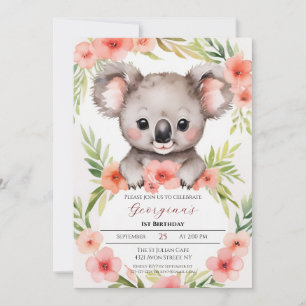 Invitation Jolie petite florale Koala fille anniversaire