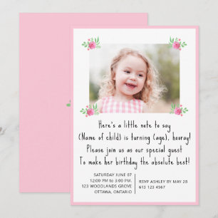 Invitation Jolie photo d'anniversaire de petites filles rose