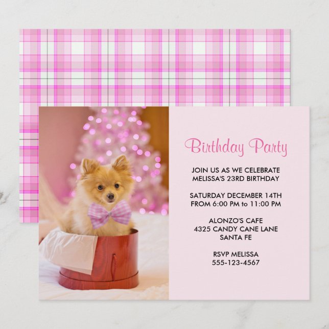 Invitation Jolie photo de Chien de Noël avec Bow rose Anniver (Devant / Derrière)