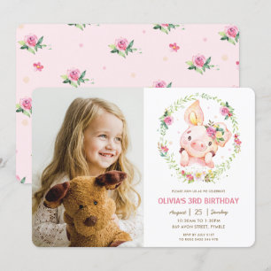 Invitation Jolie Piggy rose floral vert Photo Anniversaire