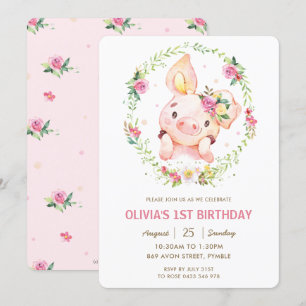 Invitation Jolie Piggy Rose Floral Vert Végétation Wreath Ann
