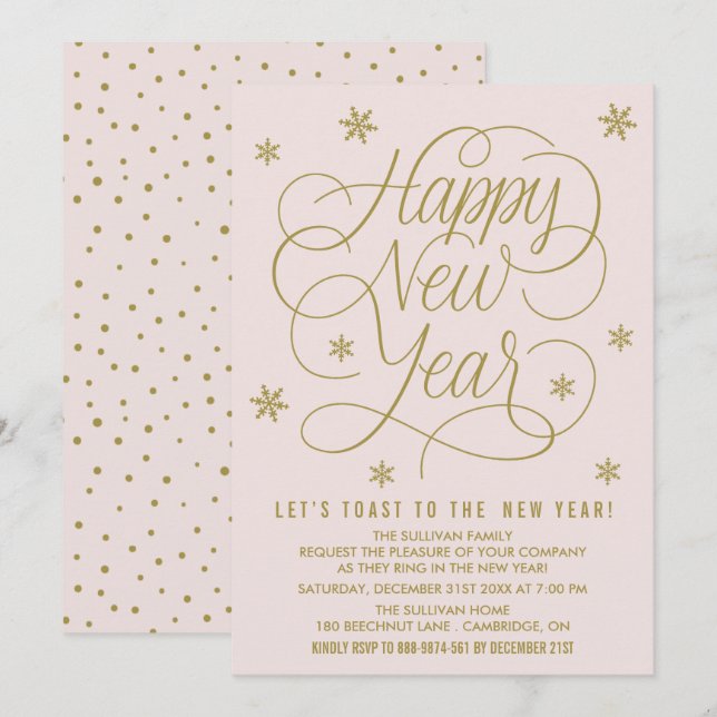 Invitation Jolie Pink & Gold Nouvel An de la fête de la Révei (Devant / Derrière)