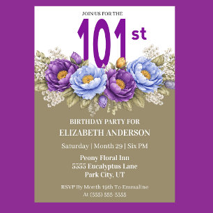 Invitation Jolie Pivoine Bleue et Violette 101e Anniversaire