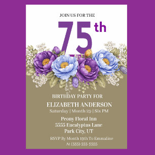 Invitation Jolie Pivoine Bleue et Violette 75e Anniversaire