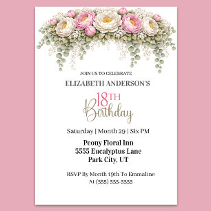 Invitation Jolie Pivoine Rose et Blanche 18ème Anniversaire
