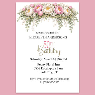 Invitation Jolie Pivoine Rose et Blanche 50e Anniversaire