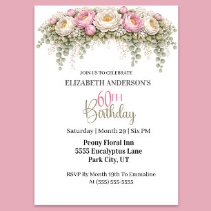 Invitation Jolie Pivoine Rose et Blanche 60e Anniversaire