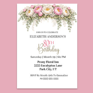 Invitation Jolie Pivoine Rose et Blanche 80e Anniversaire