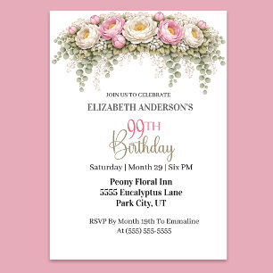 Invitation Jolie Pivoine Rose et Blanche 99e Anniversaire