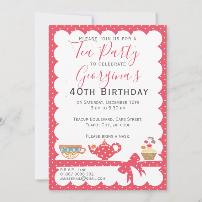Invitation Jolie Polka Pot Anniversaire Tea Party (Devant)