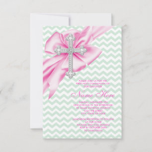 Invitation Jolie Première Communion Rose et Vert Chevron
