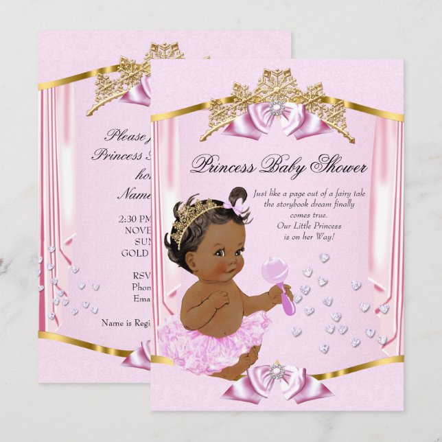 Invitation Jolie Princesse Baby shower Or rose Ethnic (Devant / Derrière)