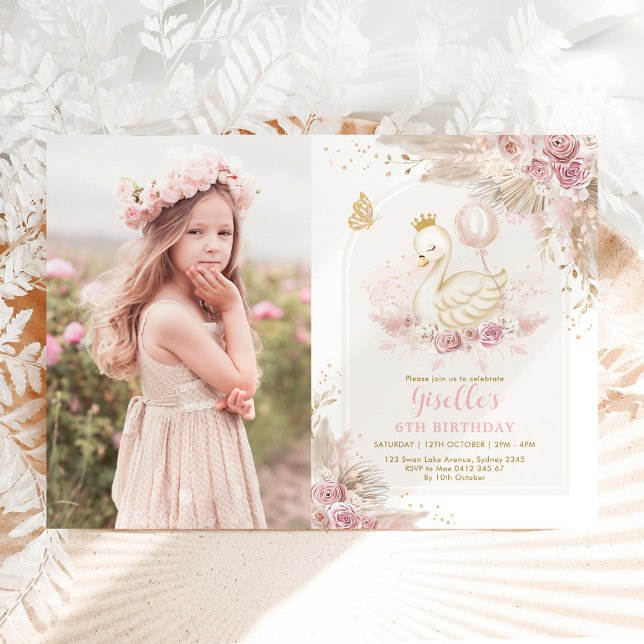 Invitation Jolie princesse de cygne Boho rose Floral Annivers (Créateur téléchargé)