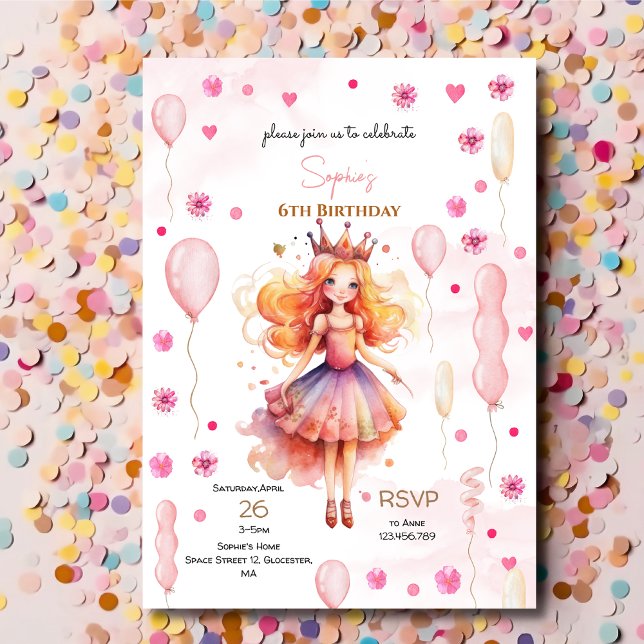 Invitation Jolie princesse rose et ballons anniversaire (Créateur téléchargé)