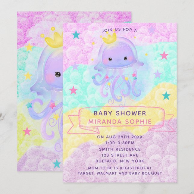 Invitation Jolie princesse violette Jellyfish Baby shower fil (Devant / Derrière)