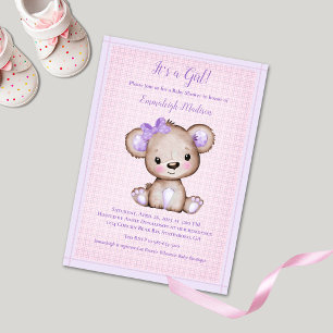 Invitation Jolie Purple Brown fille ours Baby shower Invitati