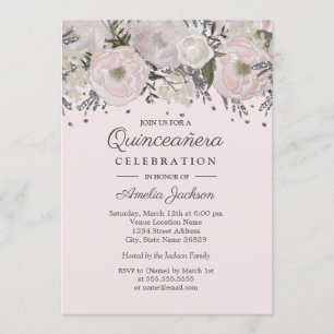Invitation Jolie Quinceanera florale rose argent rose
