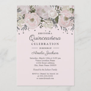 Invitation Jolie Quinceanera Florale Rose Pâle Argentée